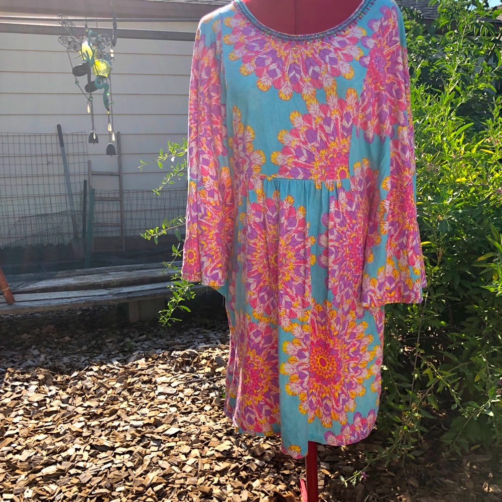 Joyous & Free Tunic Dress Colorful Feather Print